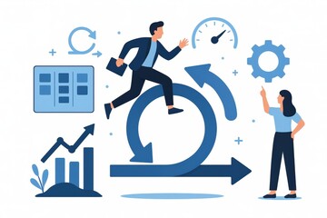 Dynamic figures embodying concepts of efficiency progression and strategic collaboration in an engaging corporate environment showcasing modern visualization tools and analytical growth