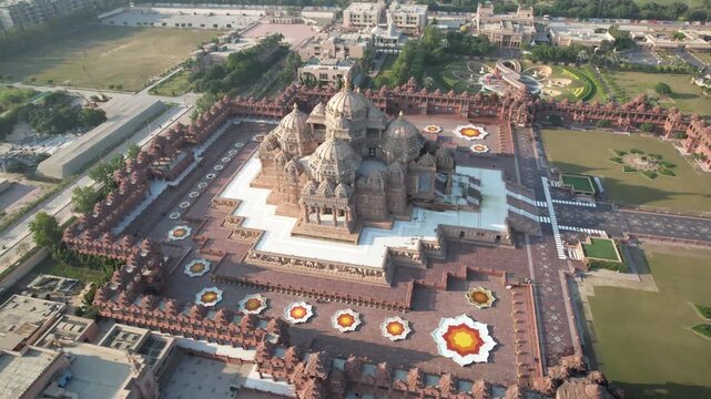 Aerial Drone Footage of Akshardham Temple in New Delhi one of the largest Hindu temple complex in India 