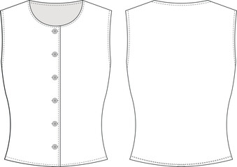 round neck sleeveless buttoned fit bodycon elastic blouse top shirt template technical drawing flat sketch cad mockup fashion woman design style model 
