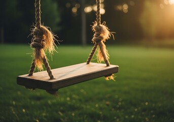 Rustic Wooden Swing Set at Golden Hour: Serene Childhood Nostalgia Stock Photo