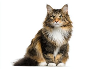 Obraz premium Norwegian Forest cat sitting calmly with a front view, showcasing beautiful fur and attentive expression in a bright setting