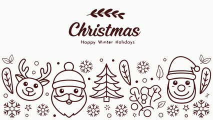 Christmas Holiday Vector Set Brown Line Art Reindeer Santa Snowman Tree