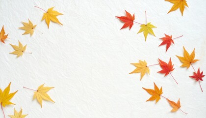 日本伝統のベージュの和紙に秋の紅葉の葉が舞う　Generative AI