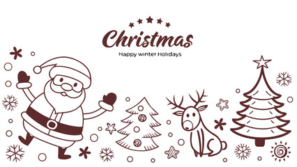 Christmas Santa Reindeer Trees Brown Line Art Design