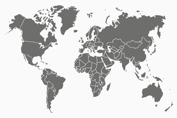 Gray world map with country borders displayed on a white background showing continents and oceans view | editable eps vectors silhouette
