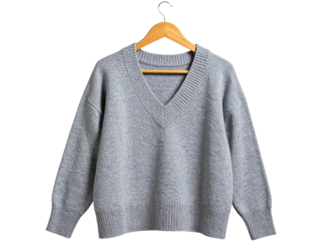 Charcoal Gray Sweater Vest Draped Over Wooden Hanger, Relaxed Fit, Transparent PNG