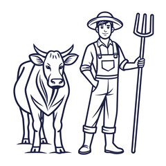 Line Drawing Farmer Cow Pitchfork White Background