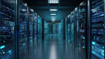The high-tech server room illuminated by vibrant blue data displays.