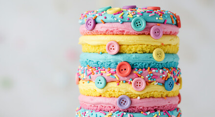whimsical stack of pastel cakes is a joyous explosion of rainbow sprinkles and vibrant colorful buttons,