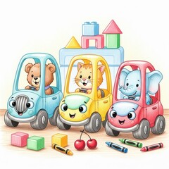 Cute Animal Characters Driving Toy Cars in Playroom
