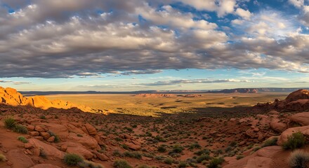 A panoramic view of a desert landscape with red rocks and mesas under a cloudy sky