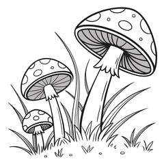 Three Mushrooms Growing in Grass Black and White Illustration