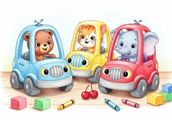 Cute Bear, Cat, and Elephant Driving Toy Cars in Playroom
