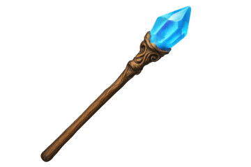 Magic staff with blue crystal tip, perfect for fantasy games or illustrations, isolated on transparent background