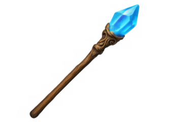 Magic staff with blue crystal tip, perfect for fantasy games or illustrations, isolated on transparent background