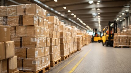 Stacks of packaged goods line the aisles of a large warehouse, while forklifts operate efficiently, moving cargo during daytime hours.