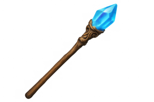 Magic staff with blue crystal tip, perfect for fantasy games or illustrations, isolated on transparent background