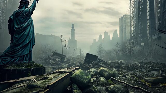 Apocalyptic New York with Fallen Liberty Monument