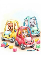 Happy cartoon bear, cat, and elephant drive colorful toy cars surrounded by building blocks and crayons on a playful indoor floor.
