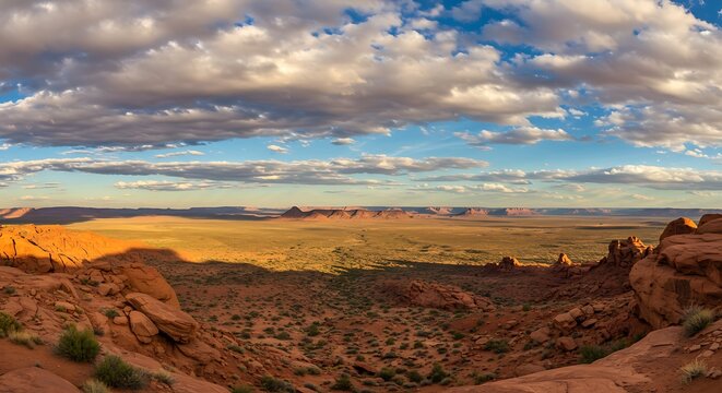 A wide desert landscape with red rock formations under a sky filled with dramatic clouds - Powered by Adobe