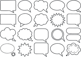 Twenty Diverse Black Outlined Speech Bubbles and Thought Bubbles on White Background dialogue bubble