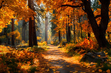 Sunlight bathes forest, vibrant fall colors. Golden autumn leaves blanket forest floor creating scenic view. Pathway leads, creating inviting mood. Forest trees, scenic background, October.