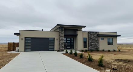 A modern house with clean lines and a neutral color palette stands in a desert landscape under a cloudy sky, showcasing contemporary residential architecture