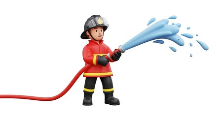 Obraz premium Firefighter with Hose Spewing Water 3d Illustration