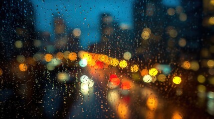 Raindrops cling to a window, blurring the vibrant lights of a city in the background. Cars move along the wet streets as night falls, creating a colorful and moody atmosphere.