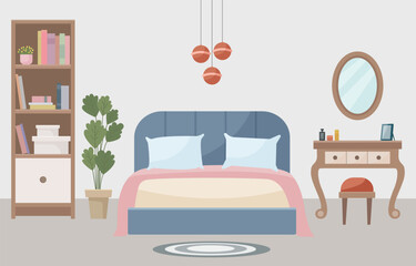 Warm and cozy bedroom with a comfortable bed, soft light lamp, dressing table, bookshelf and indoor plant. Interior concept. Ideal for websites, social media posts, blogs and interior design projects.