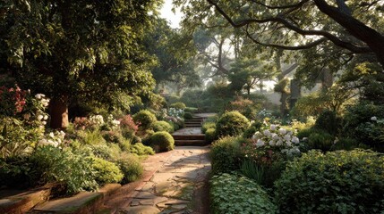 Serene garden path sunlight