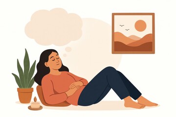 Obraz premium A tranquil scene depicting a young woman reclining and daydreaming amidst indoor greenery with calming accessories evoking relaxation and mindfulness in a nurturing atmosphere