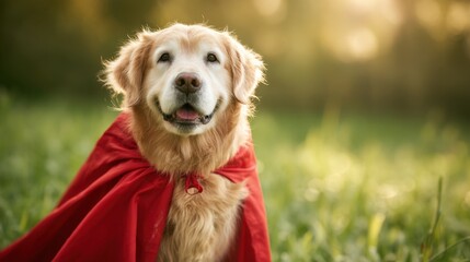 Superhero dog portrait natural park animal photography warm light playful concept