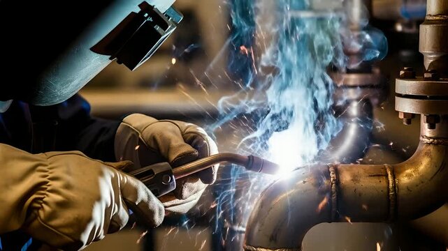 Welder joins pipes with bright sparks & smoke, skilled labor, industrial work, manufacturing, engineering, factory settings, construction, plumbing, maintenance, technology concepts.