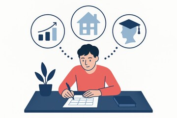 A young man reflecting on future goals and aspirations while writing down plans for growth career advancement home ownership and academic achievements in a focused creative environment