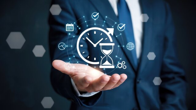 Businessman presents time management concept with icons for productivity efficiency