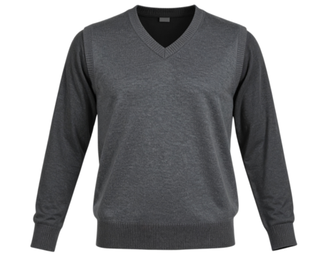 Charcoal V-Neck Sweater Vest on Invisible Mannequin, Side-Angled View, Transparent PNG
