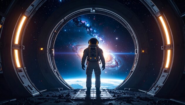 Astronaut gazing at a nebula through a spaceship porthole - Powered by Adobe