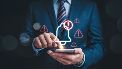 Businessman using phone with notification bell and alert symbols, cyber security