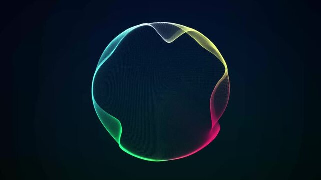 Spherical multicolored equalizer for music. Dynamic round sound wave of particles. Musical abstract dark background. 3D motion rendering.