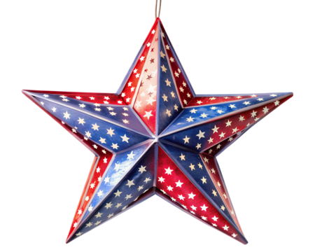 A festive red, white, and blue star decoration with a star pattern hangs isolated on transparent background