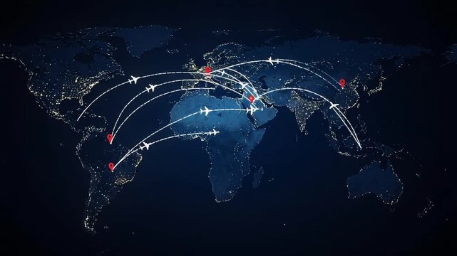 Global Flight Paths Connecting Major Cities at Night