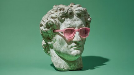A vintage marble bust with curly hair is adorned with pink sunglasses, standing out against a bright green backdrop. This unique display blends classic art with a contemporary twist.