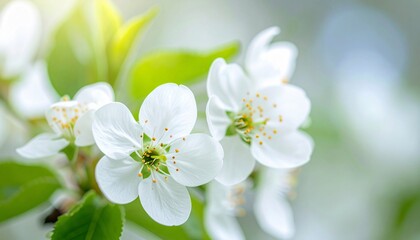 Fototapeta premium Delicate white blossoms with yellow stamens and green leaves white flowers cherry blossoms