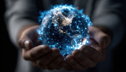 A digital globe, network of lines, held gently in cupped hands