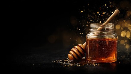 Honey jar with wooden dipper on dark background