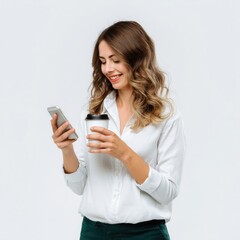 Fototapeta premium American woman looking at the mobile phone cup background isolated.
