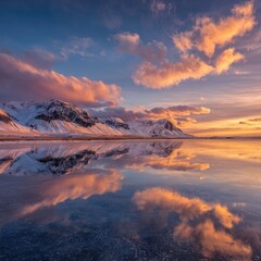 Obraz premium Winter sunset over a calm lake reflecting a vibrant sky. Snowy mountains flank the water's edge