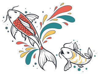 Koi fish and fish jumping out of water. Vector illustration.