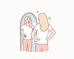 Confident Woman Looking at Herself in Full-Length Mirror – Concept of Self-Esteem and Empowerment. Hand drawn style vector design illustrations.